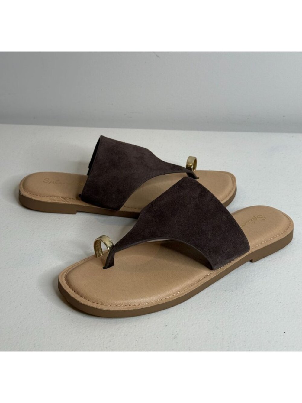 Splendid Lily Womens 6M Brown Suede Toe Ring Sandals Gold Boho Slides Minimalist
